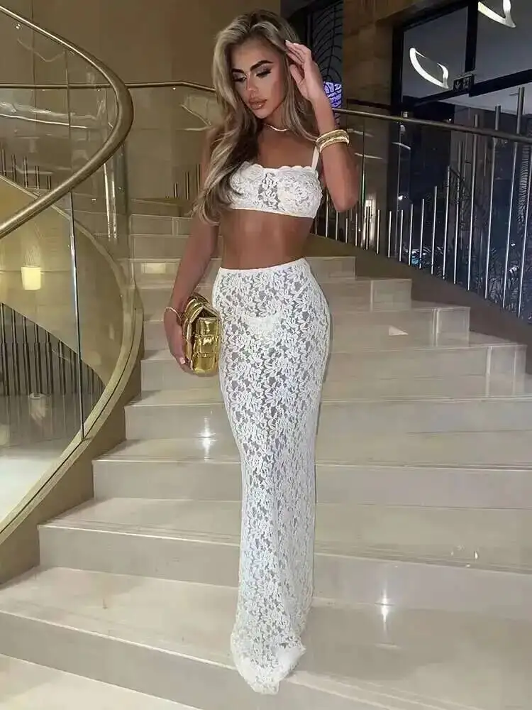 Avrilyaan Prospettiva in pizzo Party sexy Top corto senza spalline in due pezzi e gonne midi Set da 2 pezzi Abiti estivi da donna 2024