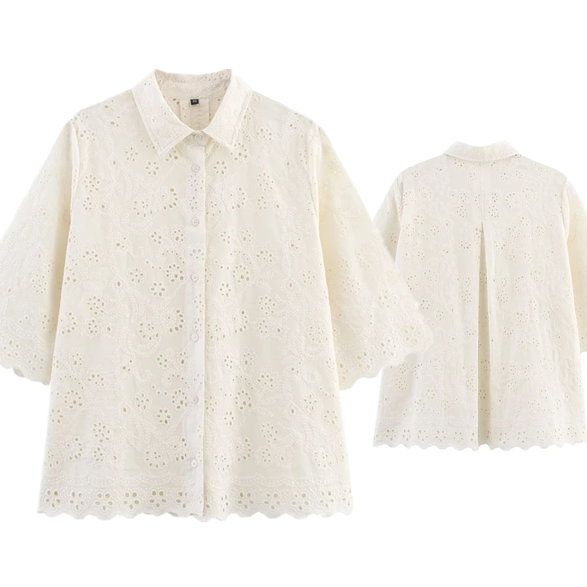 

Dave&Di French Lazy Vacation Beige Shirt Cotton Embroidery Hollow Loose Summer Shirt Female Blouse Women Tops