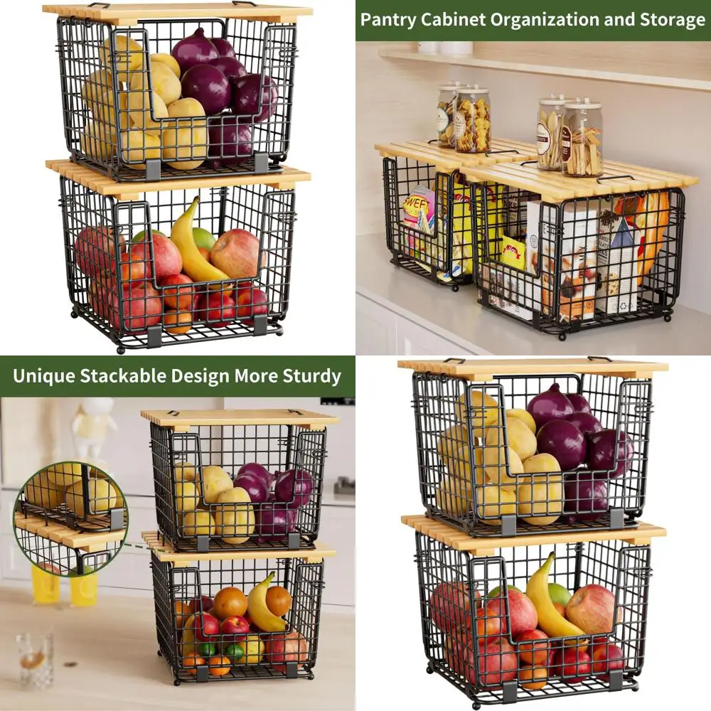 

Stackable Wire Baskets for Kitchen Pantry: Counter Organizers for Vegetables, Potatoes, and Onions in Black
