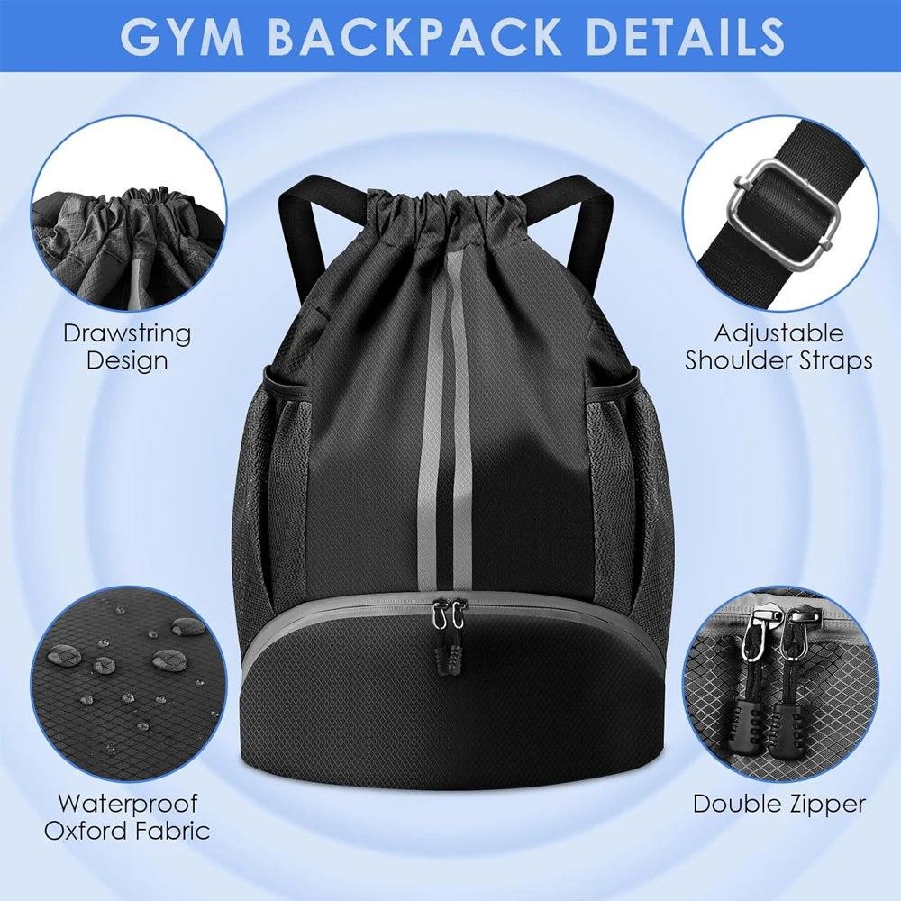 1PCS Sports Drawstring Backpack - String Swim Gym Bag with Shoes Compartment and Wet Proof Pocket for Women & Men