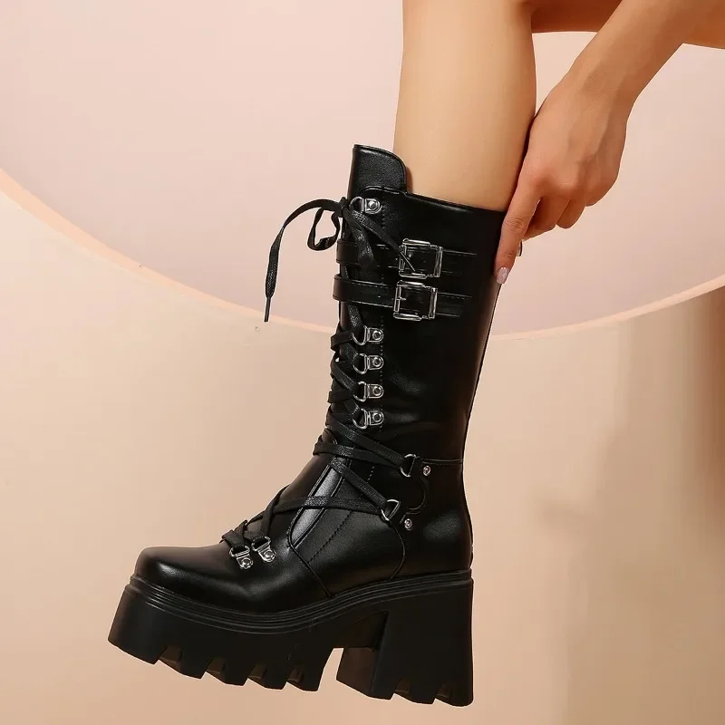 Winter 2024 New Women\'s Fashion Mid Tube Boots Lace Up High Platform Wedge Boots New Women\'s Fashion Solid Color Boots