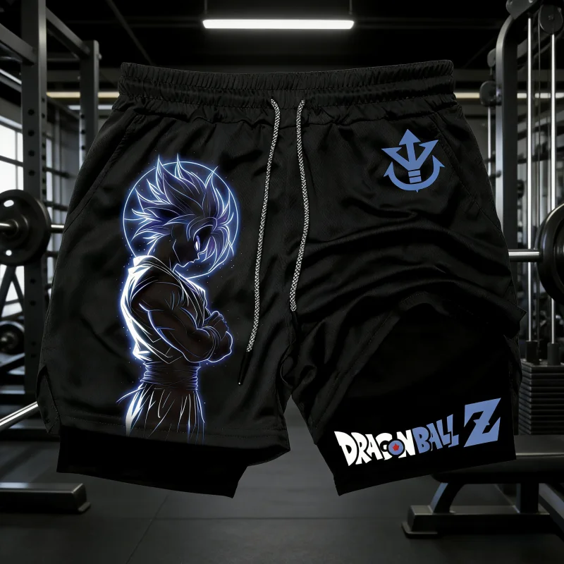 2026 Sommer Dragon Ball Ultra Instinct Goku Doppellagige Herren-Gym-Shorts Übergroße Fitness-Workout-Shorts mit Anime-Print Y2k