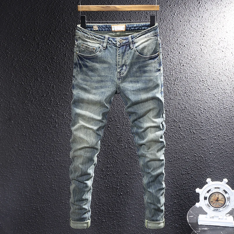 Faded Blue Denim Jeans for Men Italian Designer Craft Vintage Wrinkle Distressed Stretch Skinny Fit Casual Jeanshombre