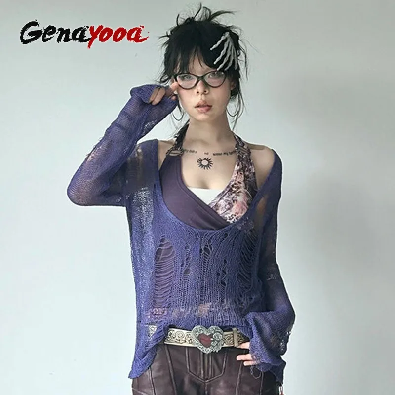 Genayooa Y2k Japanese Two Pieces Tops Knit V Neck Pullovers + Patchwork Tank Tops Streetwears 2000s Japanese T Shirt Women