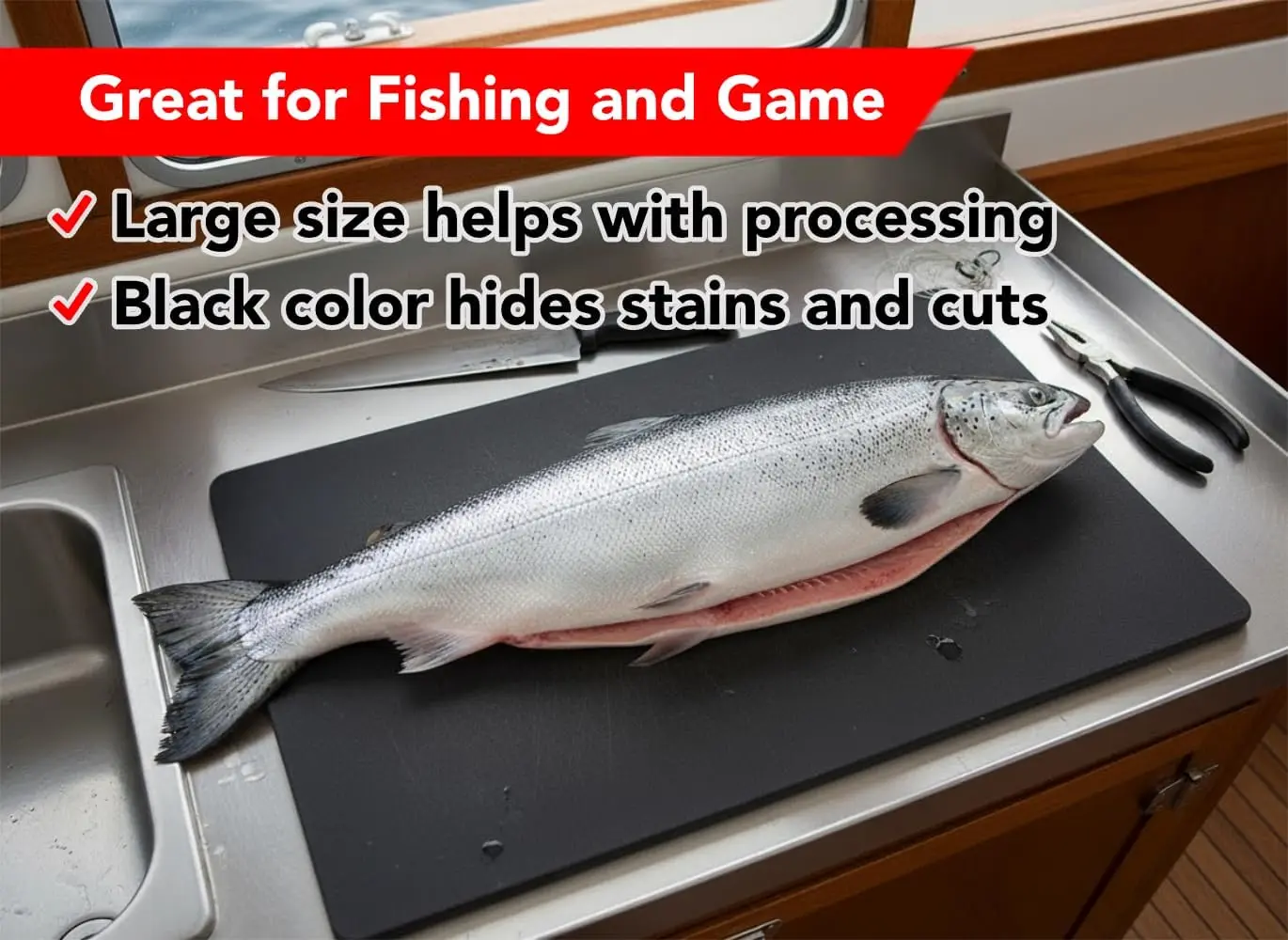 Extra Large 30x18 Cutting Board for Fish, Meat, BBQ - 1/2 Inch Thick Black Plastic, NSF Certified