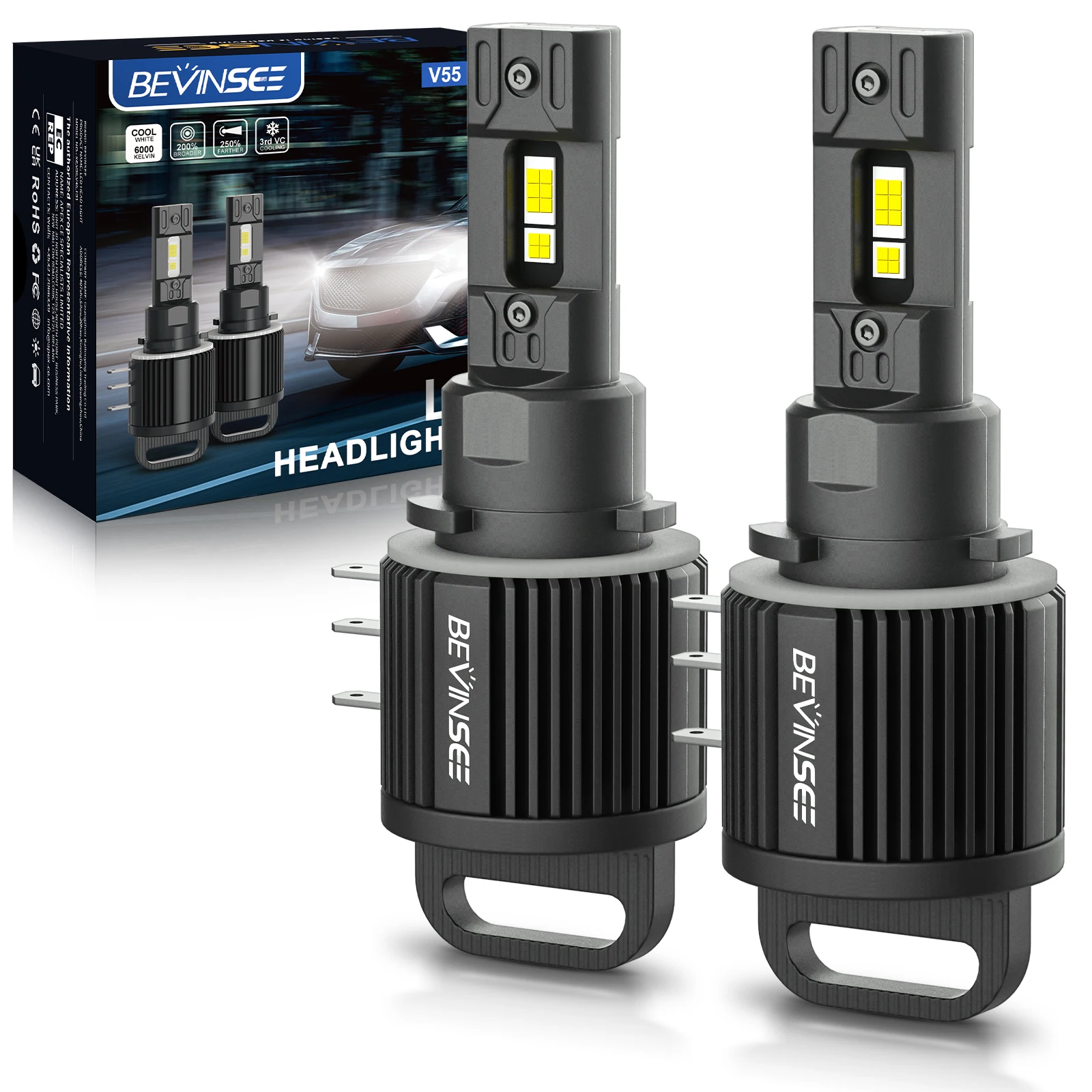 BEVINSEE H15 LED Headlight Globes 11000LM High Beam + DRL 6000K 12V LED Bulbs for Ford Focus Fiesta for Volkswagen Amarok Tiguan