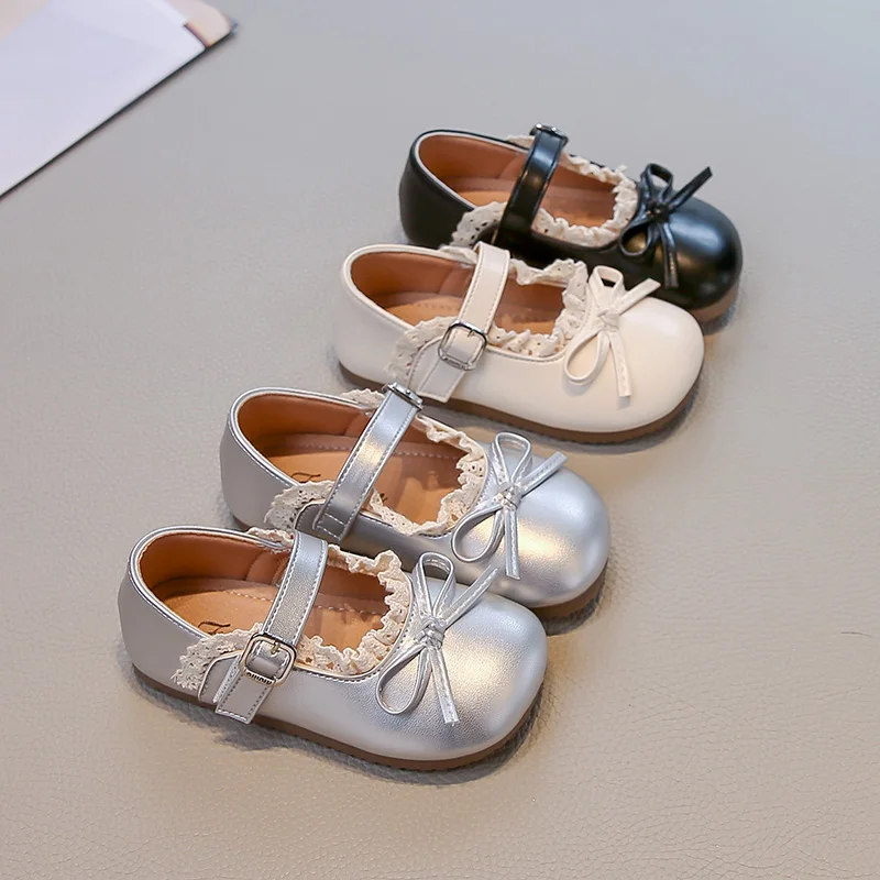 Girls Princess Leather Shoes Sweet Bowknot Children Lace Flat Shoes Fashion Causal Autumn New Kids Mary Janes for Party Wedding