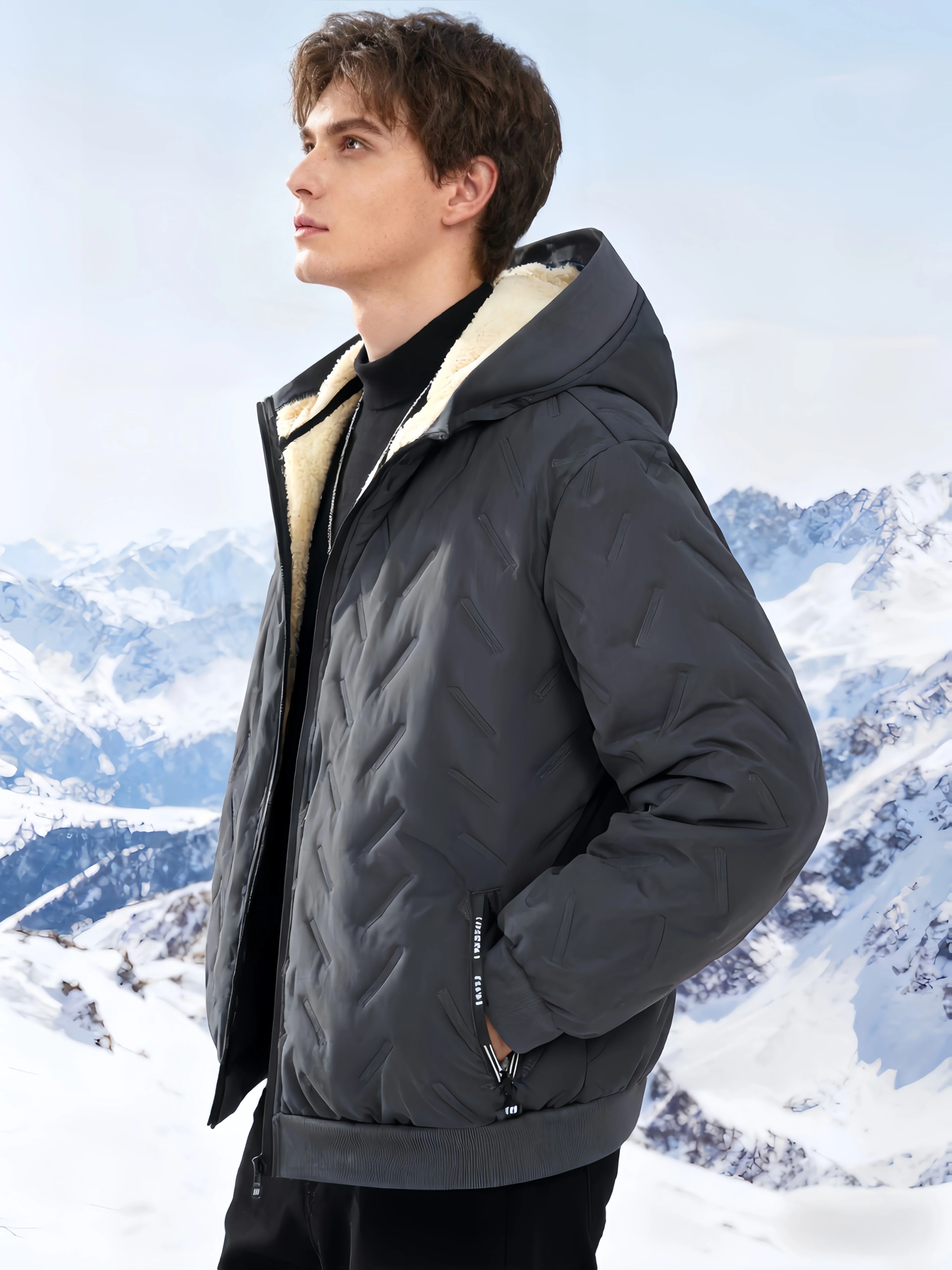 

Men'S Winter Fleece-Lined Thermal Jacket - Windproof & Cold-Resistant Full-Zip Hooded Coat with Full-Zip Closure, Outdoor Jacket