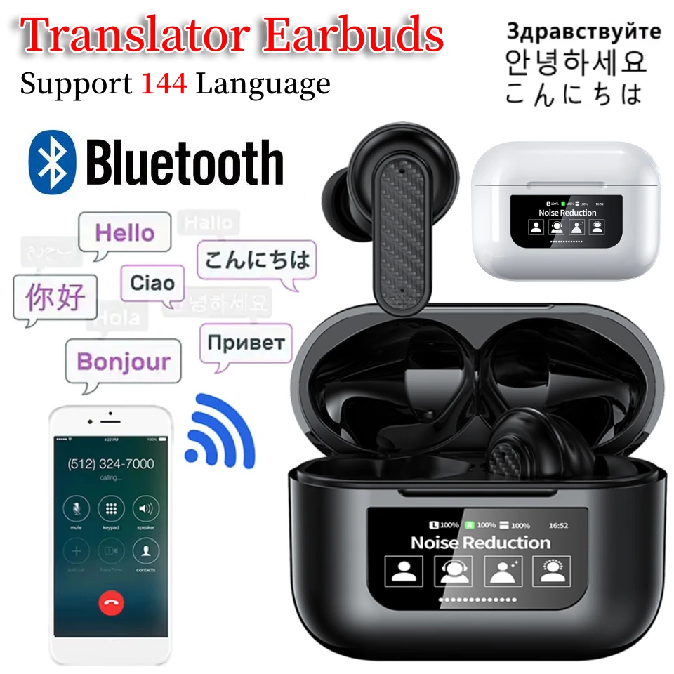 AI translator earbuds Bluetooth 5.4 real-time translators headphones ANC Noise Cancelling 144 Languages instant voice translator