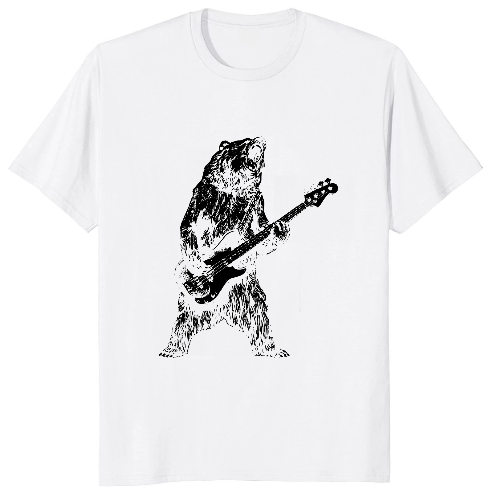 100% Cotton O-neck Unisex Casual T-shirts Retro Bear Playing Bass Guitar T Shirt Cats Guitarist Music Lovers Tops graphic