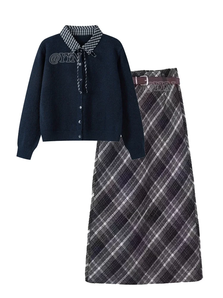 秋冬ルーズフィットチェック柄ニットセーターコート、襟付きパッチワークデザイン、プラスサイズレディースファッションカジュアルアウトフィットセット
