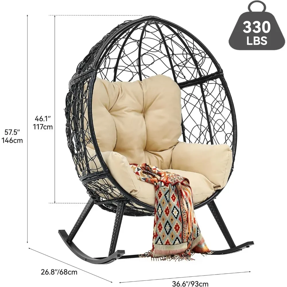 كرسي هزاز على شكل بيضة في الهواء الطلق مع راحة مبطنة، سعة Wicker Patio Rocker سعة 250 رطل، مضاد للانزلاق، Rattan D مرن لجميع الأحوال الجوية
