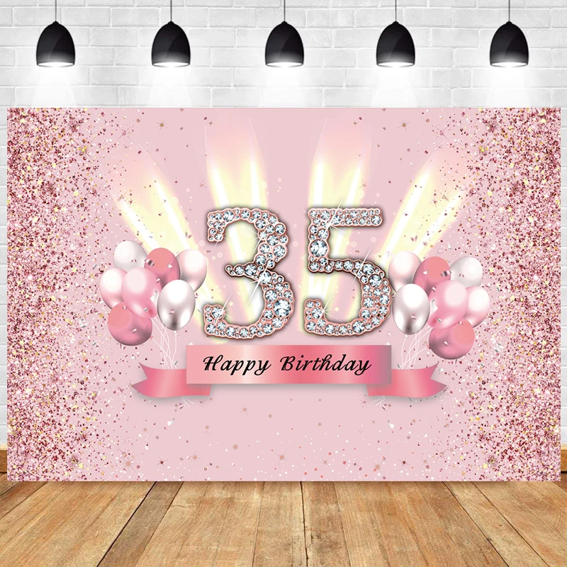 

Pink 35th Anniversary Backdrop Happy Birthday Party Decorations for Man Women 35 Years Old Balloons Photo Background Banner