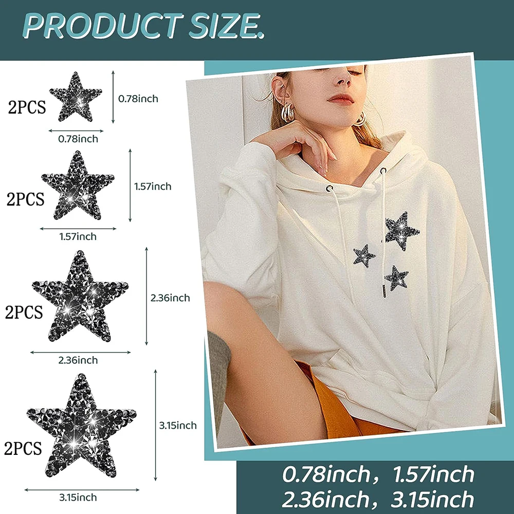 Parches adhesivos de estrella para planchar, 8 piezas, brillantes, diamantes de imitación, apliques para bolso, pantalón, decoración de reparación