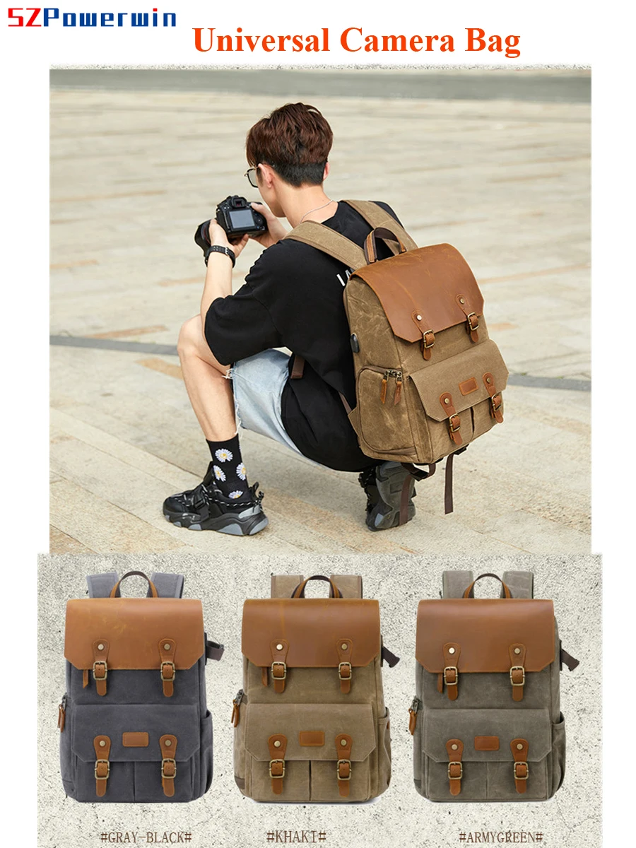 Imagem -03 - Powerwin Impermeável Dslr Slr Câmera Bolsa de Couro Cavas Anti-roubo Mochila para Lente Drone Computador Tripé Monopé Flash Carregador