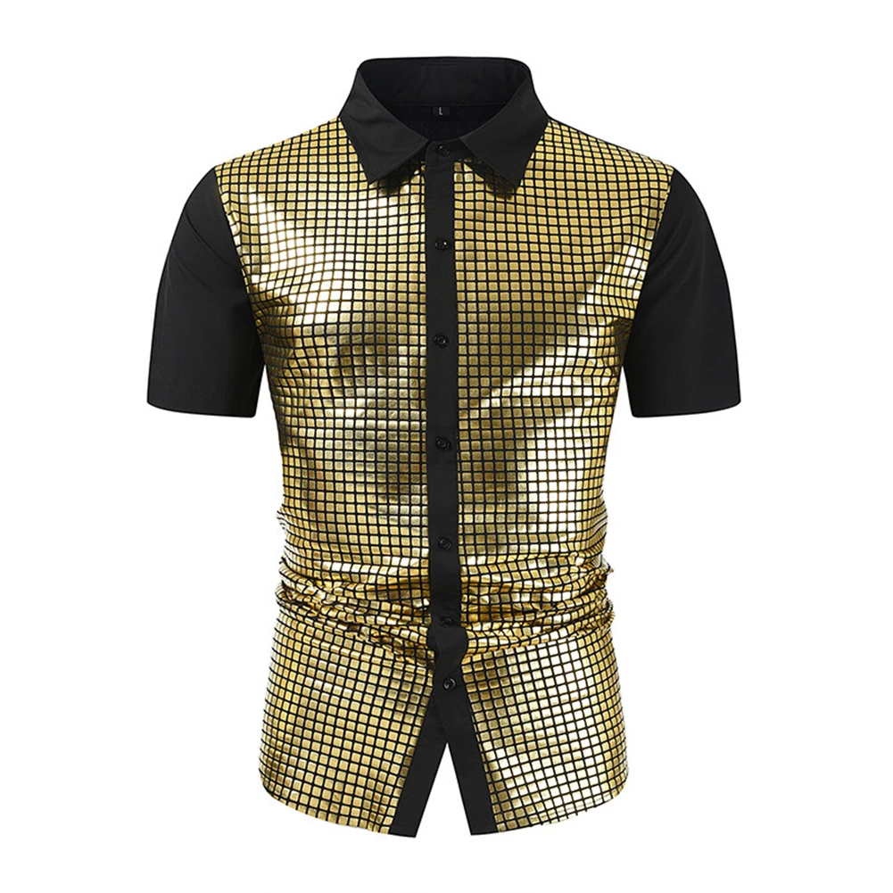 

Fashion Retro Men\\'s 70s Disco Costume Shirts Shiny Sequins Short Sleeve Buttons Turn-Down Collar Shirts Blouse Man Tops