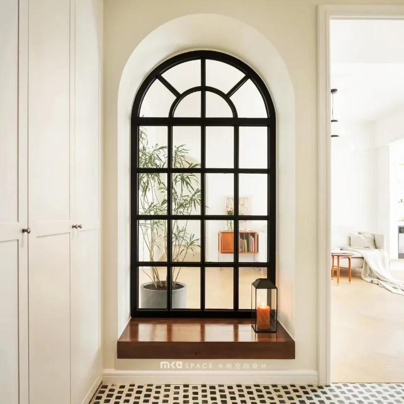 French Wrought Iron Glass Screen Living Room Creamy Retro Partition Fake Window Creative Arch Porch Shading Decoration