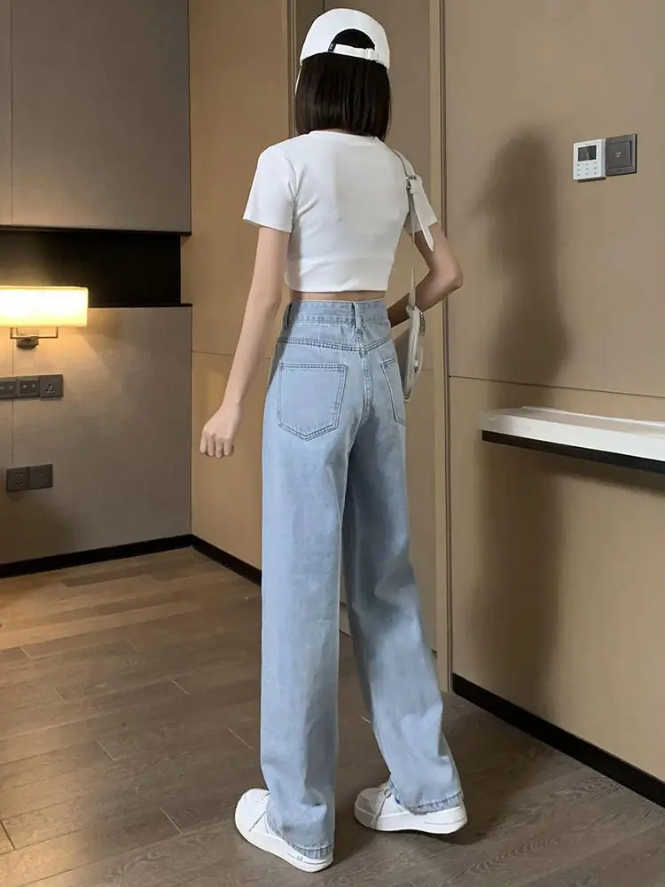 Jeans de cintura alta feminina, design simples e largo, estilo coreano, vintage, calça diária de faculdade, perna larga que combina com tudo, moda