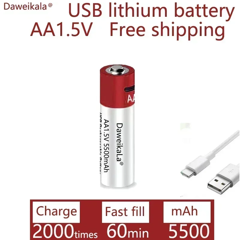 2025 New AA USB Rechargeable Li-ion Battery 1.5V AA 5500mah / Li Ion Battery Watch for Toys MP3 Player Thermometer Keyboard
