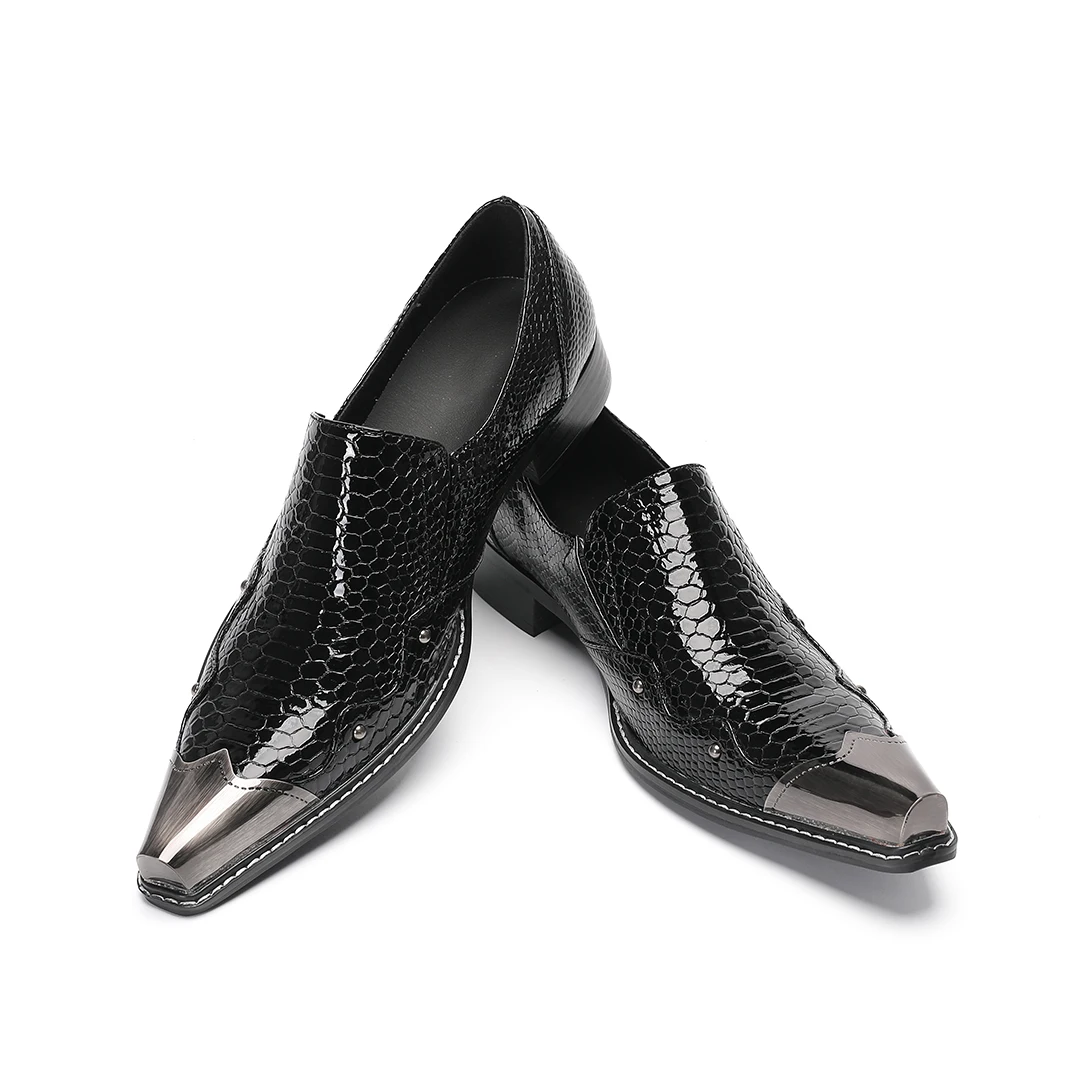A Men Italian Slip‑on Dress Shoes Snake Skin Real Leather Metal Pointed Toe Low Heel Western Cowboy Man Footwear For Bar Party