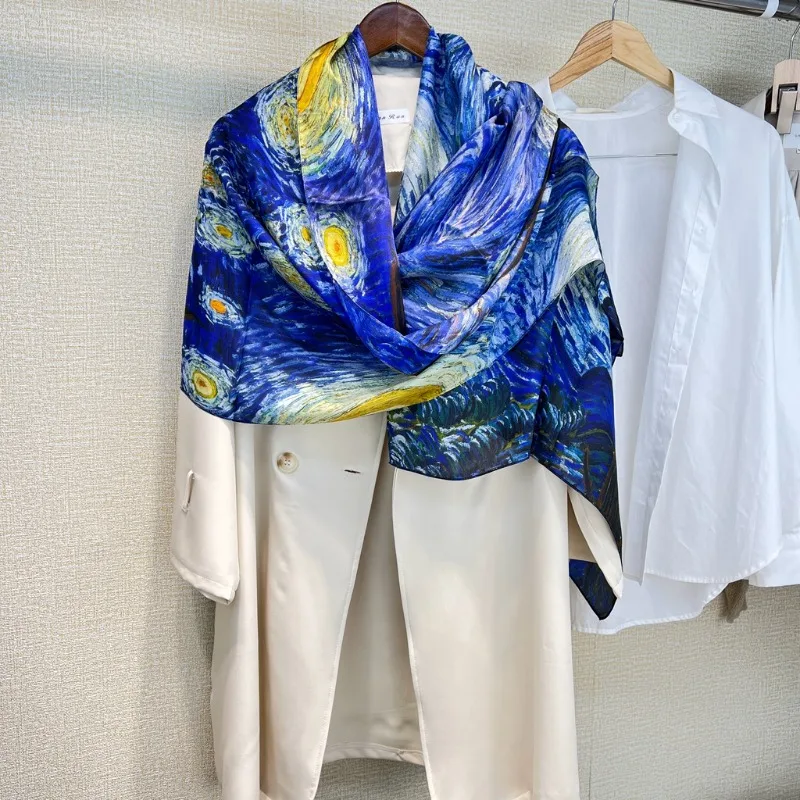 100% Mulberry Silk Scarf Women Commute French Oil Painting Long Scarf Multifunctional Summer Shawl Office Lady Elegant Comfortab
