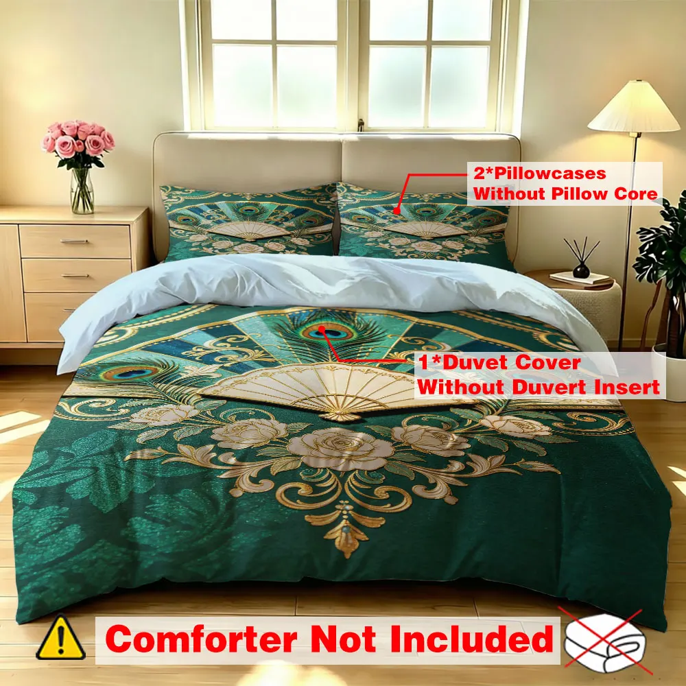 Duvet Cover Set 3Pcs Peacock Fan Green Gold Vintage Print Soft Microfiber Bedding with Pillowcases Bedroom Decor