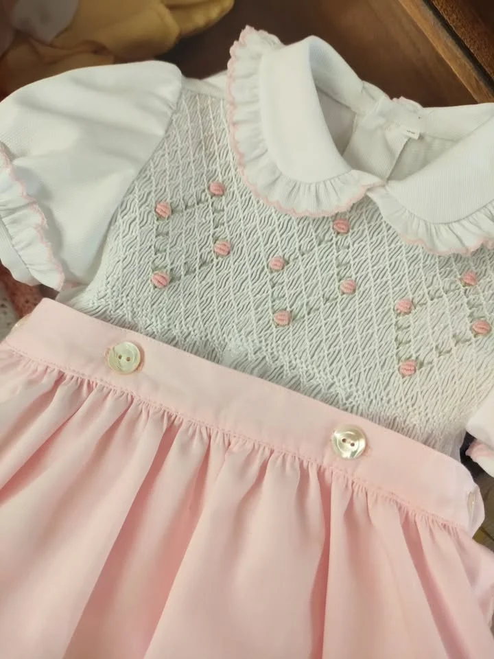 0-3  Year Summer Baby Girl Pink Hand Smocked Embroidery Outfit Set for Newborn Birthday Party Casual Photography A355