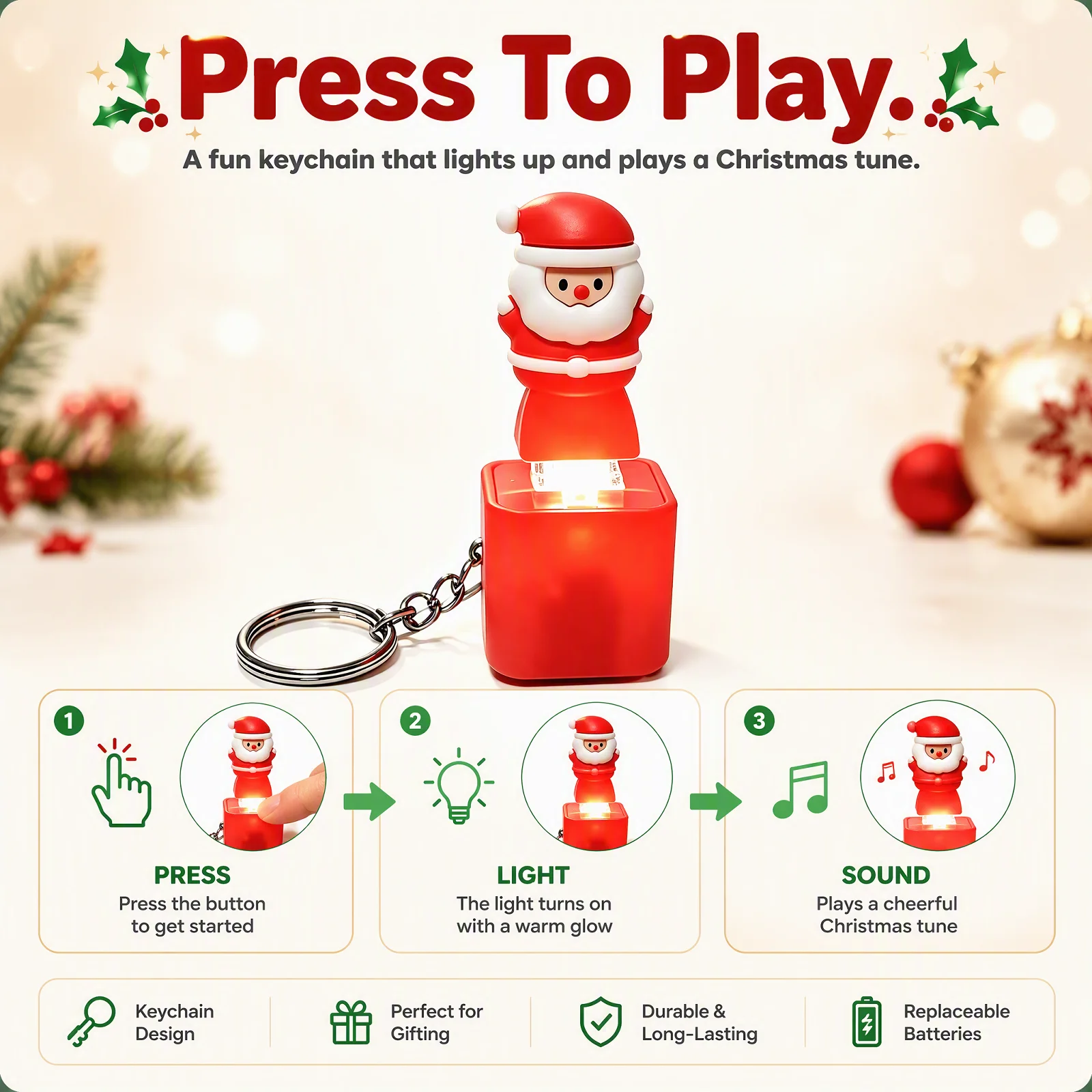 Christmas Santa Claus Light Up Sound Keychain LED Glowing Pendant Holiday Music Key Ring Bag Charm Gift
