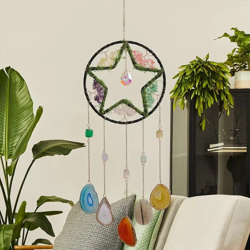 Natural Crushed Stone Suncatcher Tree of Life Dreamcatcher Hanging Ornament Natural Agate Five Pointed Star Wind Chime