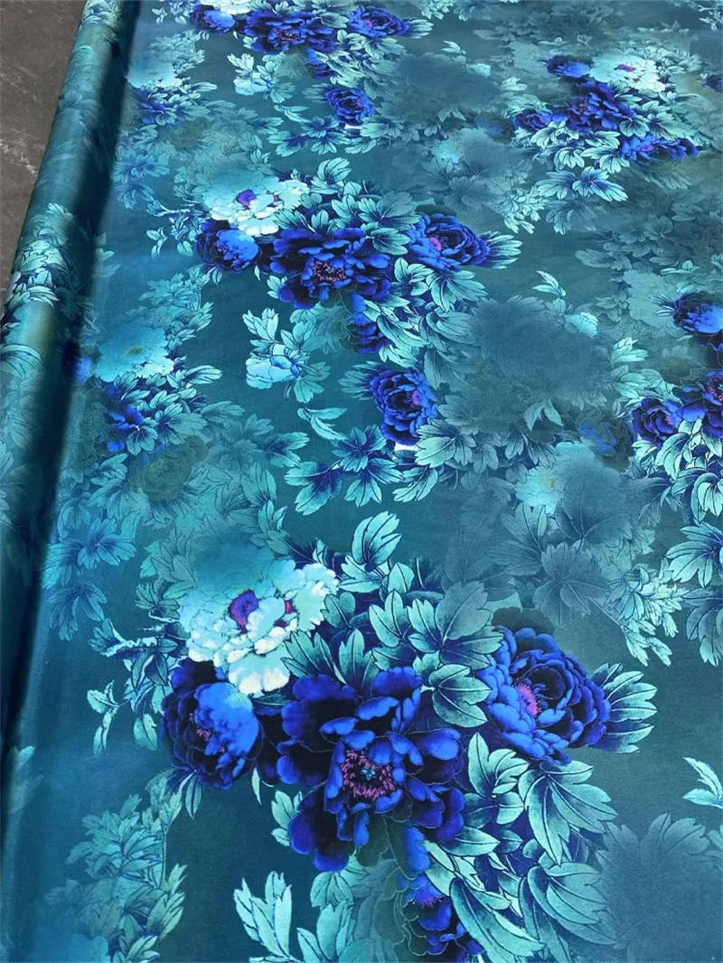 Heavyweight Satin 40 Mmm Mulberry Silk Fabric Blue Background Peony Print Thickened Pajama Dress Crepe Fabric Sewing By Meter