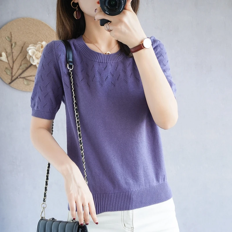 Summer round neck T-shirt women's 100% cotton casual knitted sweater short-sleeved women's top cutout large size pullover T-shir