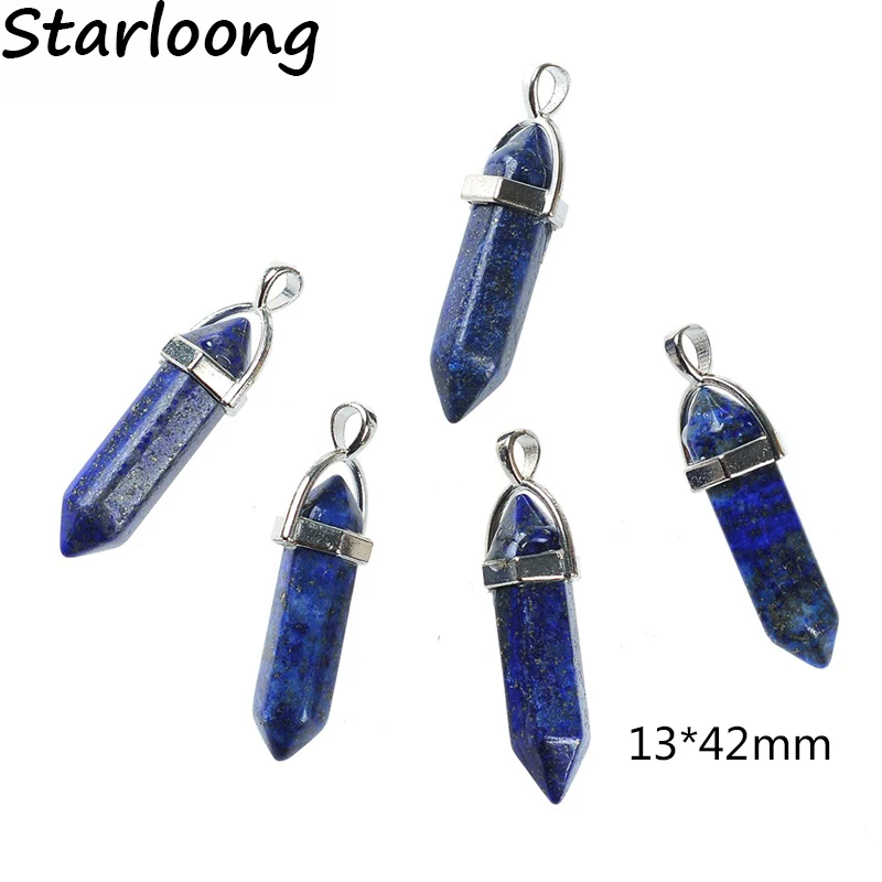 1pc Luminous Stone Fluorescent Hexagonal Natural Lapis Amethysts Crystal Pillar Column Gem Stone Pendant for DIY Necklace Making