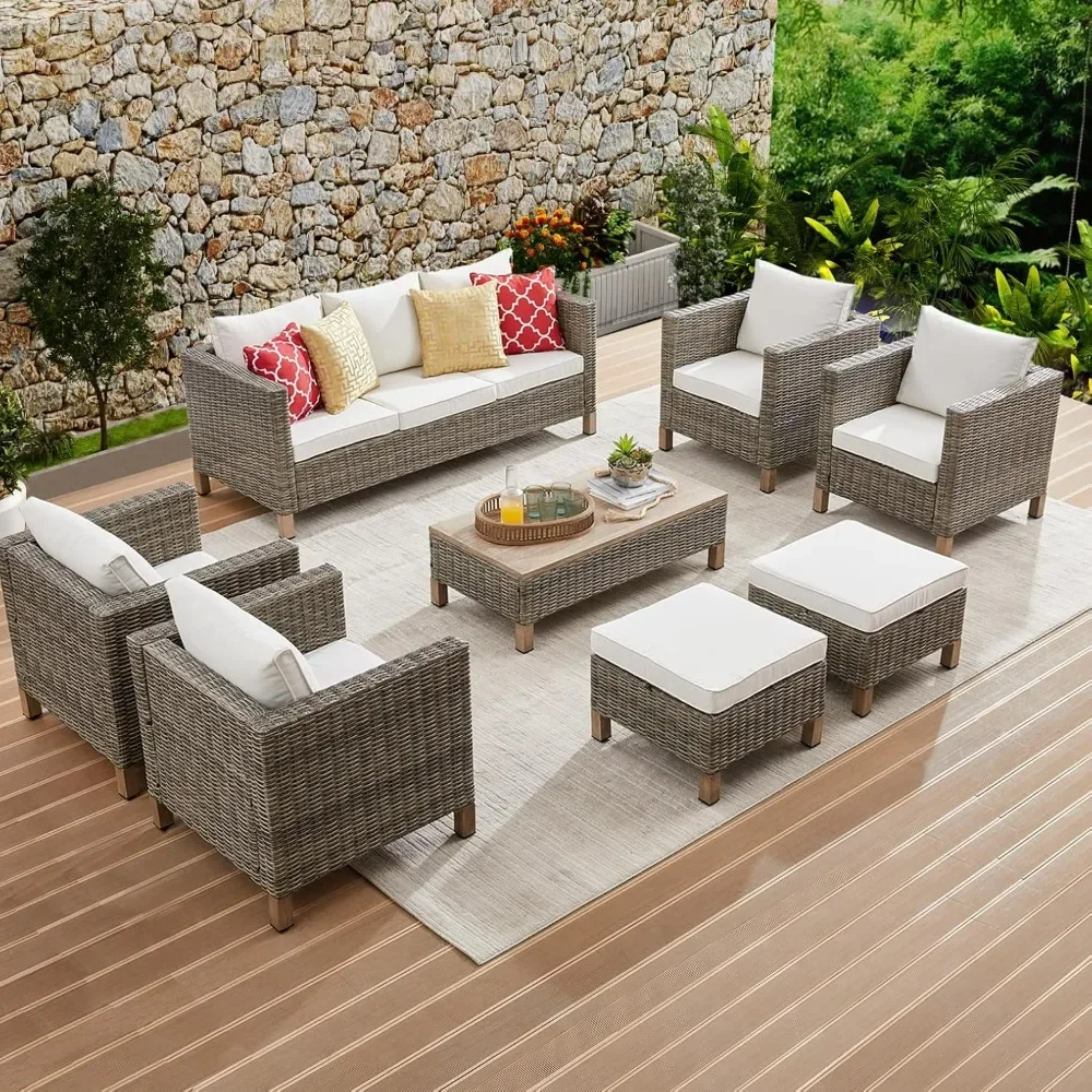 9 Pieces Outdoor Patio Furniture Sets, Wicker All Weather Sectional Sofa with Metal Top Coffee Table, Rattan Conversation Set