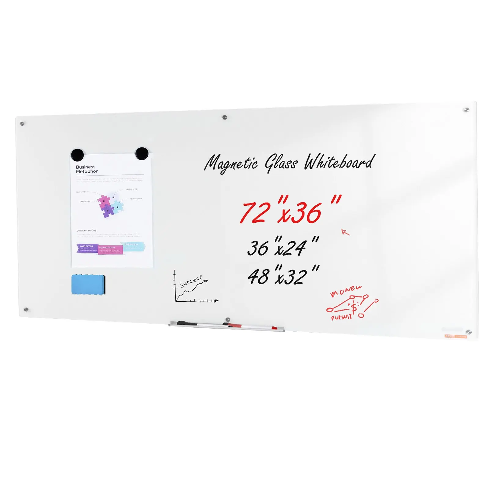 

Magnetic Glass Whiteboard, Dry Erase Board 72'x36', Wall-Mounted Large White Glassboard Frameless, With Marker Tray, An Eraser