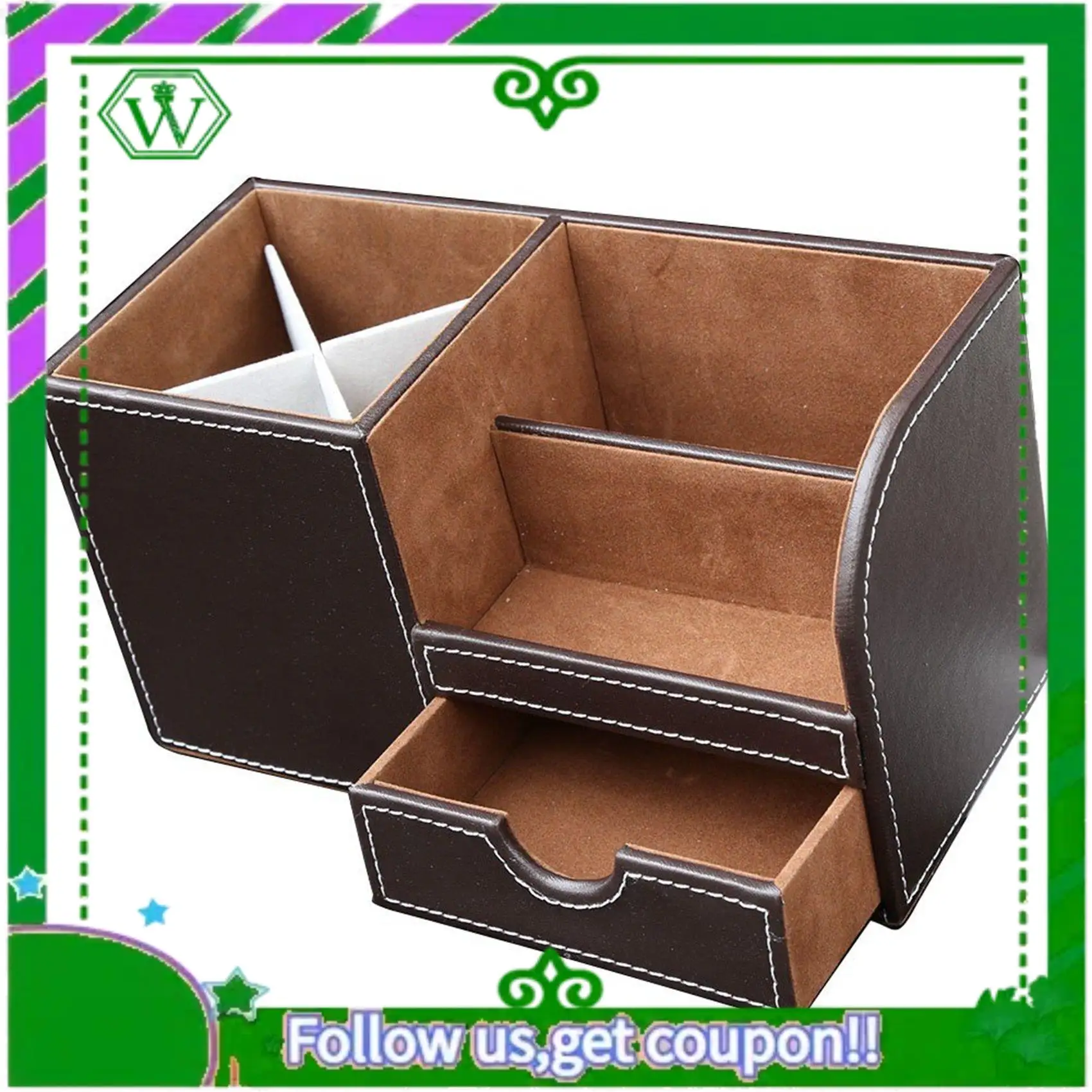 ABIK-3Pcs PU Leather Multi-Function Desk Stationery Organizer Storage Box Pen/Pencil,Cell Phone, (Brown-Flannel)