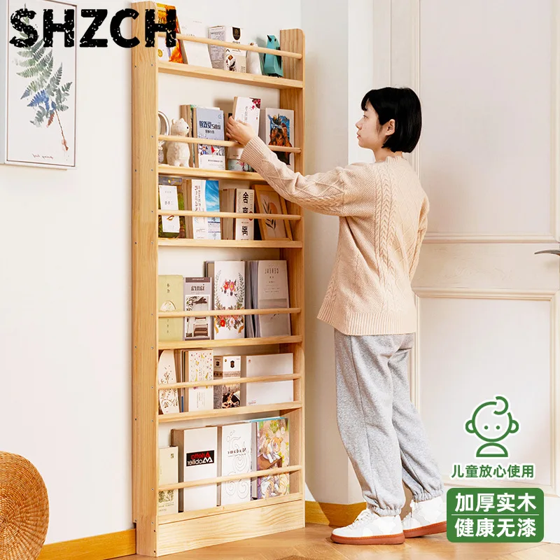 Simple Solid Wood Bookshelf Household Floor-to-ceiling Picture Book Shelf Wall Shelf Living Room Storage Bookshelf