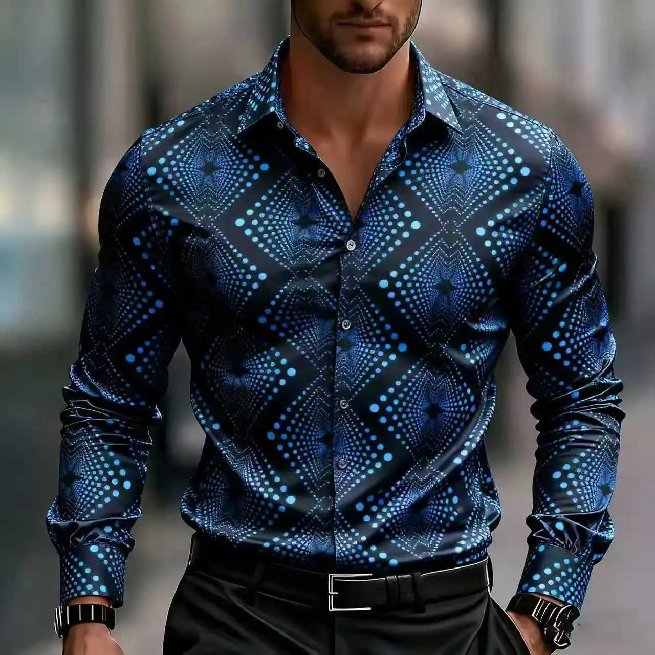Men's Geometric Patterned Long Sleeved Shirt, Elegant Button Up Shirt, Modern Fan-Shaped and Striped Pattern, 3D Printed