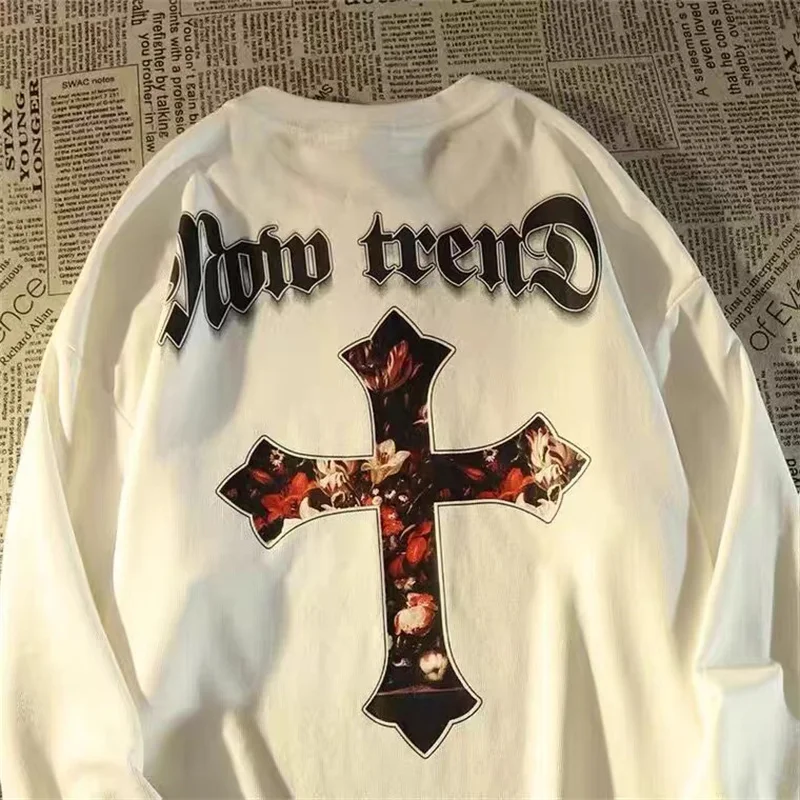 

ZAZOMDE . Streetwear Long Sleeve T Shirt For Men With Cross Pattern Print 100% Cotton Material Comfort Fit High Street Style