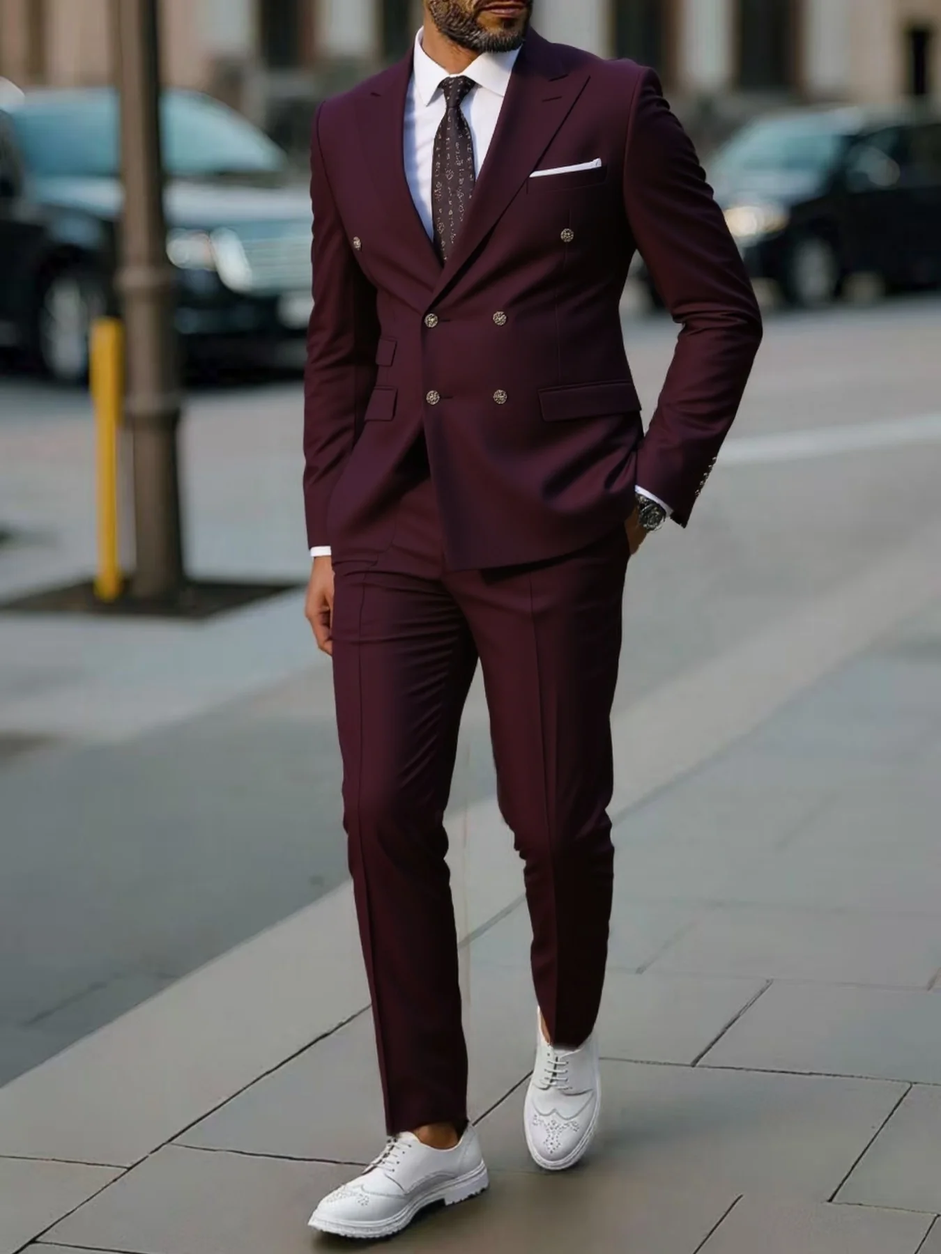 

【Classic】Men's 2 Pcs Double Breasted Peaked Lapel Suit Set Jacket Pants for Exclusive Yacht Party