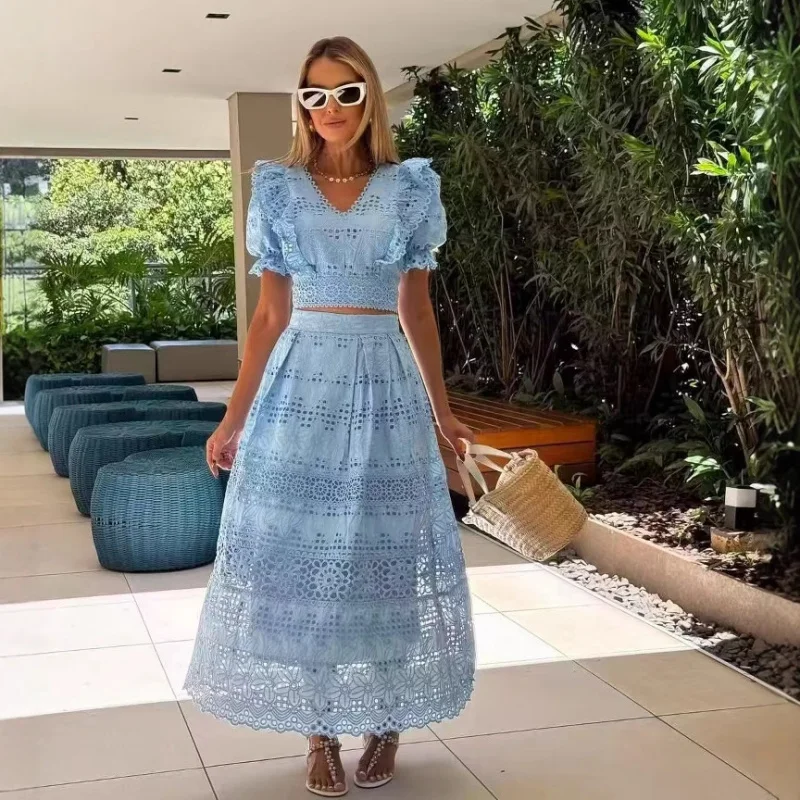 

Blue Midi Skirt Set 2025 Summer Vacation Style Puff Sleeve Short Sleeve Top Embroidered Hollow A-line Long Skirt