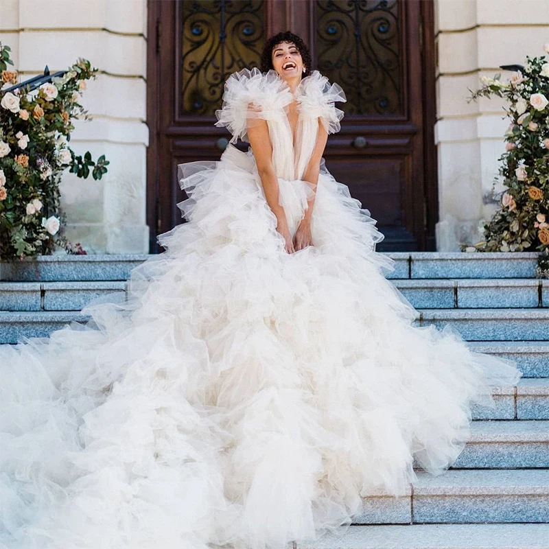 Gorgeous Long Wedding Gowns Lush Extra Puffy Custom robe de soiree Luxury Bridal Dress Layered Ruffles vestido de noiva