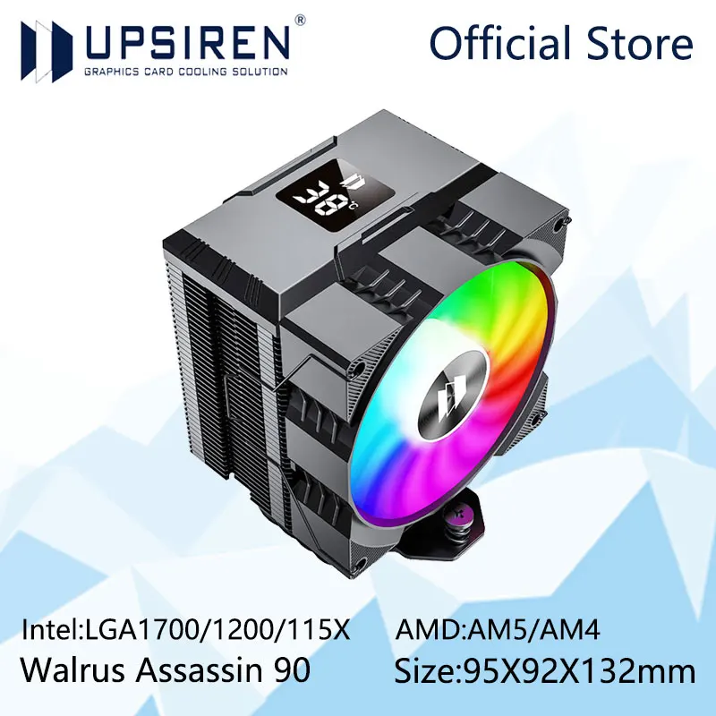 UPSIREN Walrus Assassin 90 Radiator z wyświetlaczem cyfrowym, chłodnica chłodzenia powietrzem ARGB z 4 rurami cieplnymi, obsługa LGA1700/115X/AM4/AM5