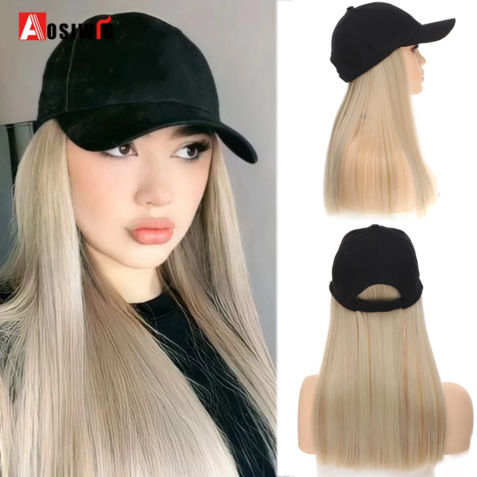 AOSI Fashion Black Baseball Cap With Wig One Piece Women Summer Synthetic Long Straight Hair Adjustable Hat Wig