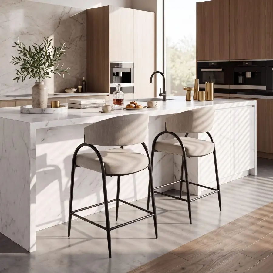 25'' Seat Height Modern Fabric Bar Stools with Back, Black Metal Frame, Comfortable Counter Stools for Kitchen Island/Dining Ro