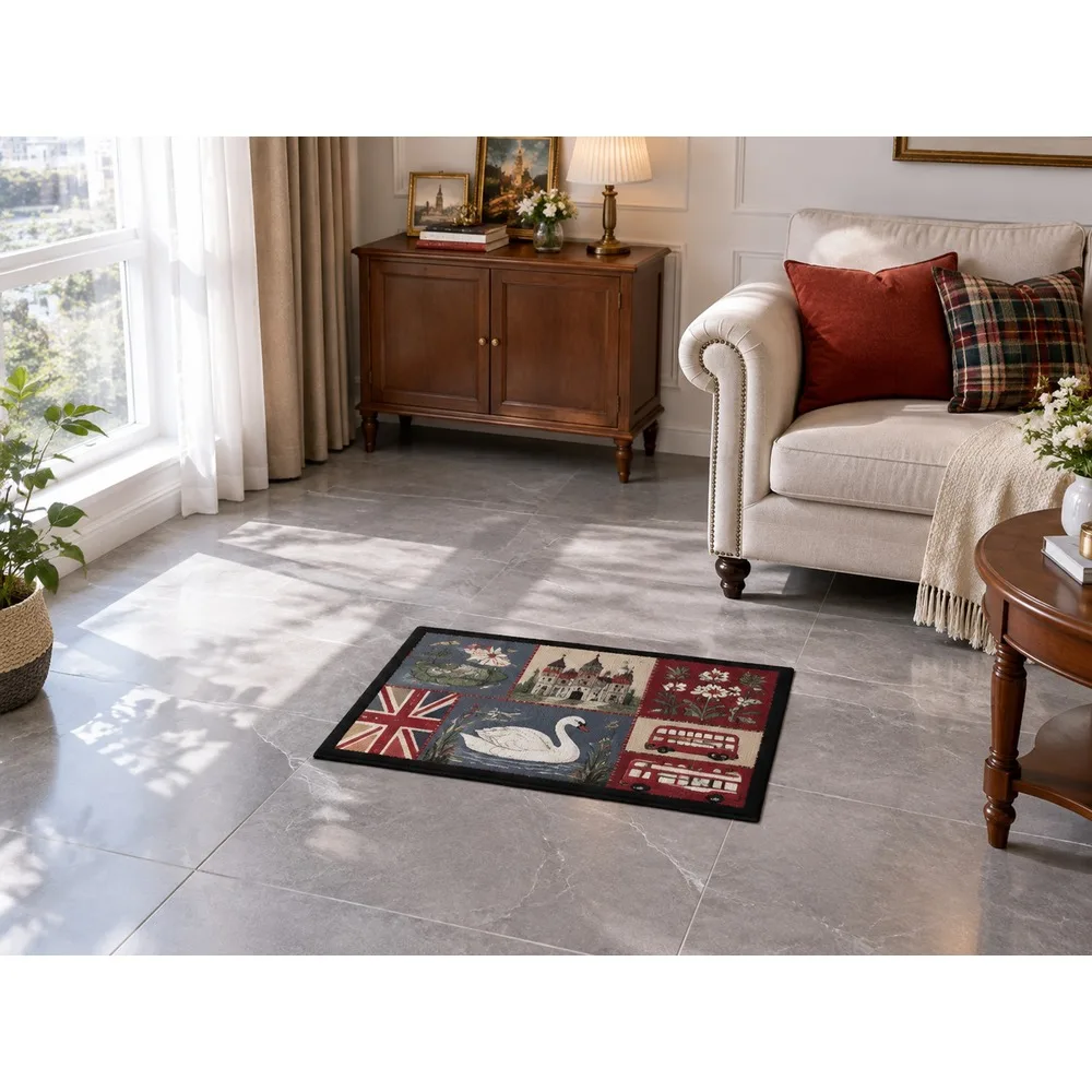 VIKAMA British Slate Brick Swan Pond Flannel Door Mat, Anti-Slip Absorbent Door Mat, UK Home Decor for Cloakroom, Hallway