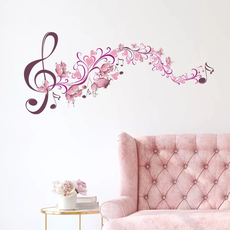 Pink Musical Note Flower Wall Sticker Music Room Personality Home Decoration Wallpaper Self-adhesive Beautify Stickers Poster