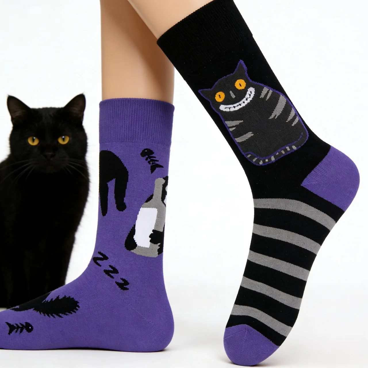 

Original Design Novelty Cartoon Cat Crew Socks Funny Purple Black Striped Socks for Pet Lover Cute Cats Socks for Men Women Gift