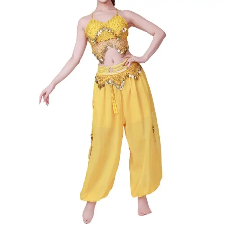 652F Conjunto fantasia dança do ventre com renda, moedas, sutiã, top, lanterna, calças, fantasia Halloween