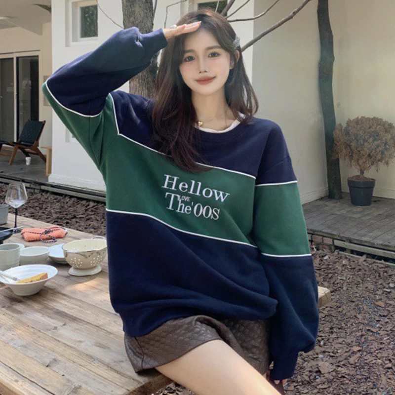 

Winter Patchwork Streetwear Sweatshirt Women Oversized Letter Print Pullovers Vintage Korean Fashion Loose Casual Y2k Hoodies