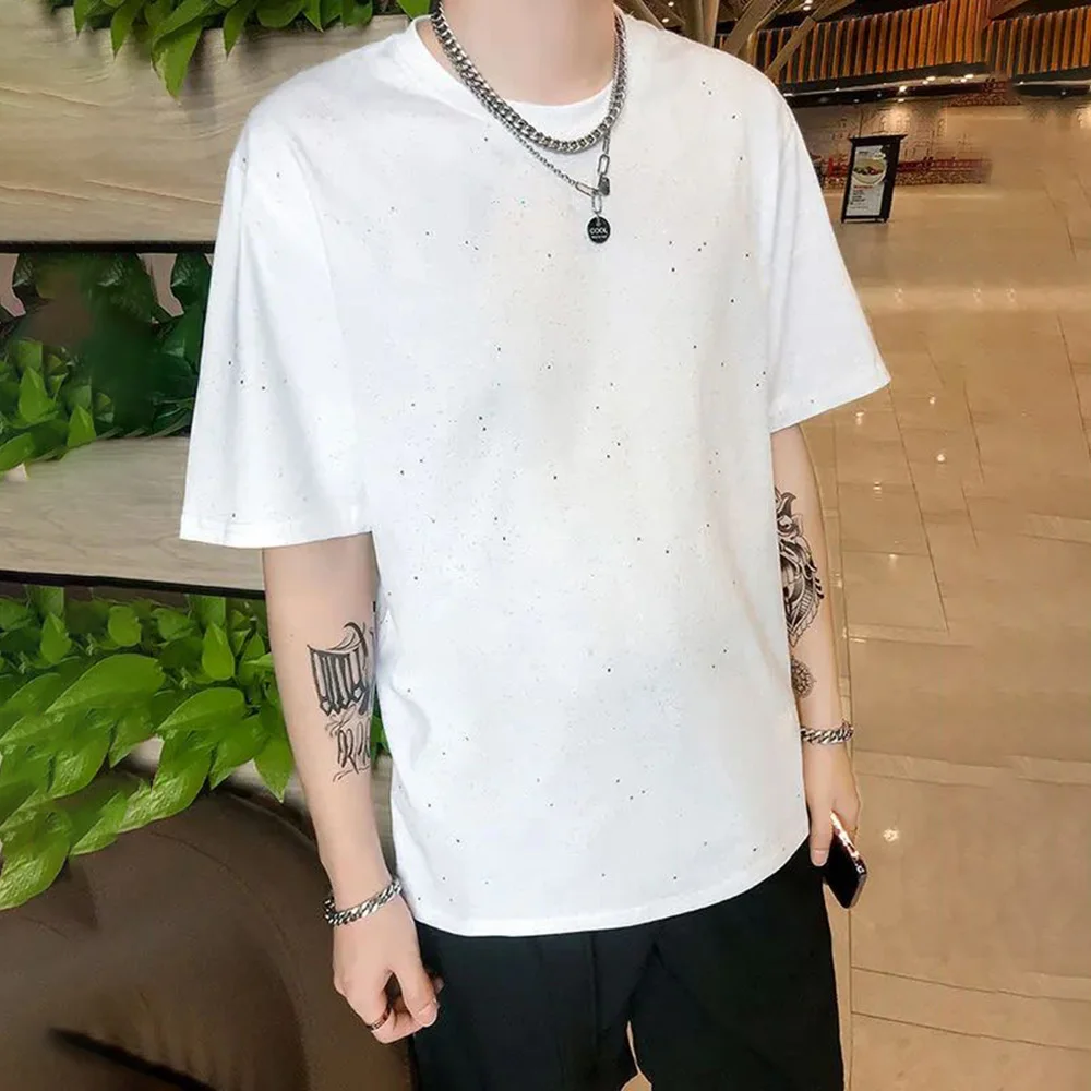 Summer New Casual T Shirt Korean Fashion Solid Nightclub Sequins Short Sleeves Tops Trendy Loose O Neck Streetwear Pullover Tees